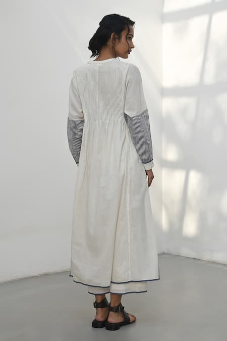 Shop Payal Pratap Ivory Handloom Cotton Printed Striped V Neck Lesvos Patchwork Panelled Dress at Aza Fashions Shop_Payal Pratap_Ivory Handloom Cotton Printed Striped V Neck Lesvos Patchwork Panelled Dress _at_Aza_Fashions