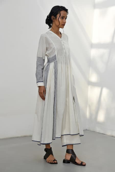 Payal Pratap Ivory Handloom Cotton Printed Striped V Neck Lesvos Patchwork Panelled Dress Online at Aza Fashions Payal Pratap_Ivory Handloom Cotton Printed Striped V Neck Lesvos Patchwork Panelled Dress _Online_at_Aza_Fashions