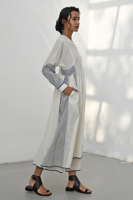 Buy Payal Pratap Ivory Handloom Cotton Printed Striped V Neck Lesvos Patchwork Panelled Dress Online at Aza Fashions Buy_Payal Pratap_Ivory Handloom Cotton Printed Striped V Neck Lesvos Patchwork Panelled Dress _Online_at_Aza_Fashions