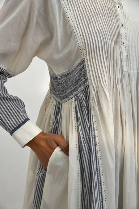 Shop Payal Pratap Ivory Handloom Cotton Printed Striped V Neck Lesvos Patchwork Panelled Dress Online at Aza Fashions Shop_Payal Pratap_Ivory Handloom Cotton Printed Striped V Neck Lesvos Patchwork Panelled Dress _Online_at_Aza_Fashions