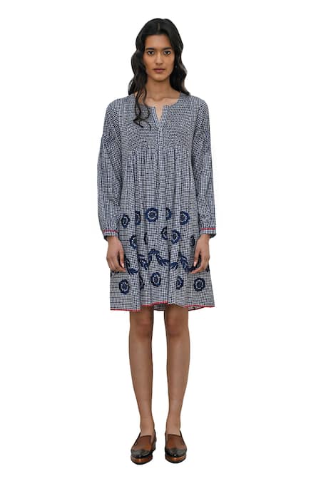 Payal Pratap Blue Handloom Cotton Printed Checkered Notched Demian Dress Online at Aza Fashions Payal Pratap_Blue Handloom Cotton Printed Checkered Notched Demian Dress _Online_at_Aza_Fashions