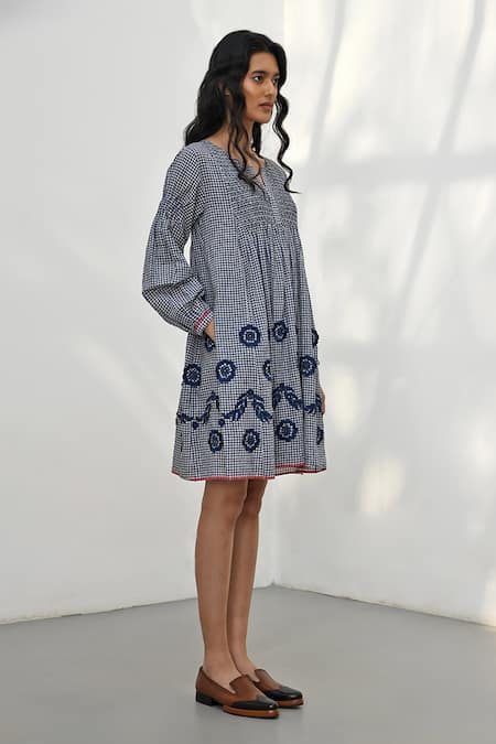 Buy Payal Pratap Blue Handloom Cotton Printed Checkered Notched Demian Dress Online at Aza Fashions Buy_Payal Pratap_Blue Handloom Cotton Printed Checkered Notched Demian Dress _Online_at_Aza_Fashions
