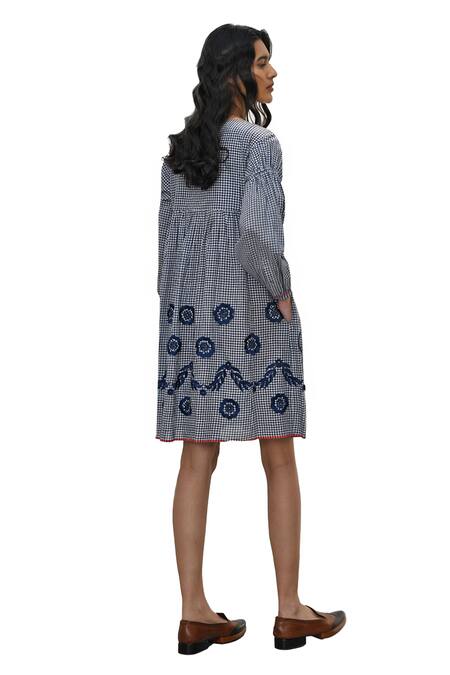 Shop Payal Pratap Blue Handloom Cotton Printed Checkered Notched Demian Dress Online at Aza Fashions Shop_Payal Pratap_Blue Handloom Cotton Printed Checkered Notched Demian Dress _Online_at_Aza_Fashions