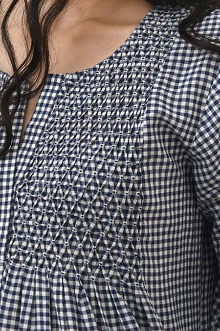 Payal Pratap Blue Handloom Cotton Printed Checkered Notched Demian Dress at Aza Fashions Payal Pratap_Blue Handloom Cotton Printed Checkered Notched Demian Dress _at_Aza_Fashions