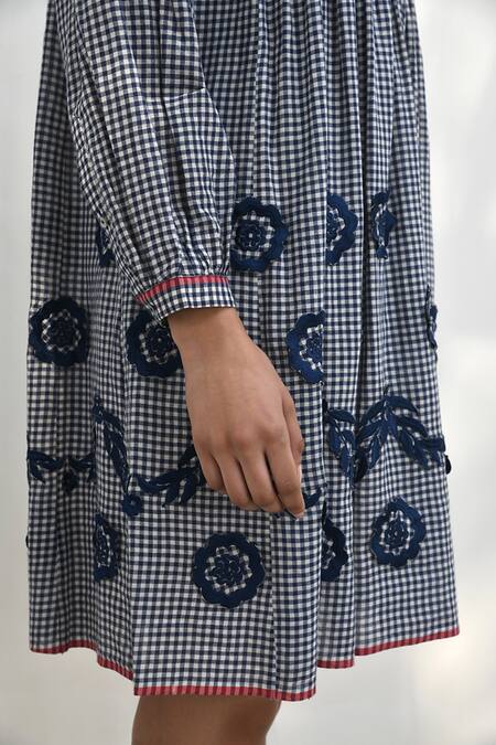 Buy Payal Pratap Blue Handloom Cotton Printed Checkered Notched Demian Dress Buy_Payal Pratap_Blue Handloom Cotton Printed Checkered Notched Demian Dress