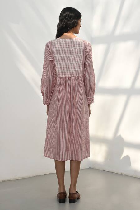 Shop Payal Pratap Pink Handloom Cotton Printed Striped Round Pelion Dress at Aza Fashions Shop_Payal Pratap_Pink Handloom Cotton Printed Striped Round Pelion Dress _at_Aza_Fashions
