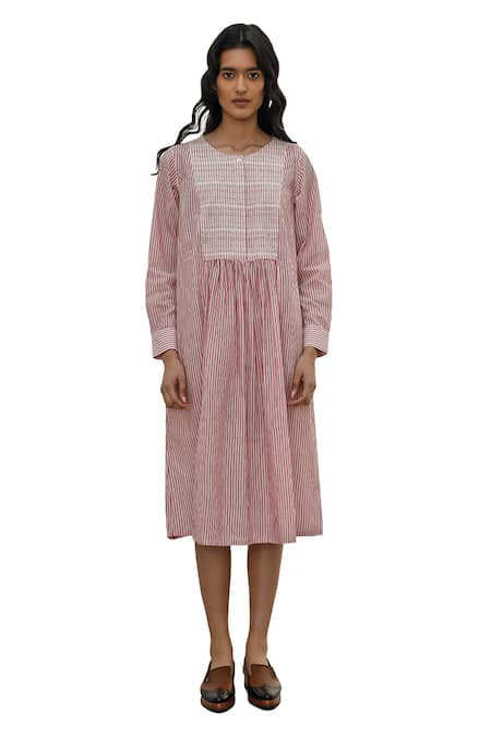 Payal Pratap Pink Handloom Cotton Printed Striped Round Pelion Dress Online at Aza Fashions Payal Pratap_Pink Handloom Cotton Printed Striped Round Pelion Dress _Online_at_Aza_Fashions