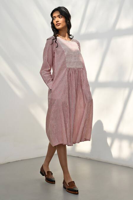 Buy Payal Pratap Pink Handloom Cotton Printed Striped Round Pelion Dress Online at Aza Fashions Buy_Payal Pratap_Pink Handloom Cotton Printed Striped Round Pelion Dress _Online_at_Aza_Fashions