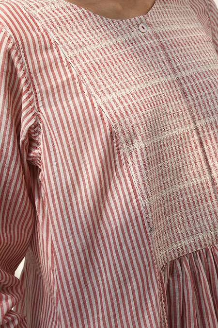 Buy Payal Pratap Pink Handloom Cotton Printed Striped Round Pelion Dress Buy_Payal Pratap_Pink Handloom Cotton Printed Striped Round Pelion Dress