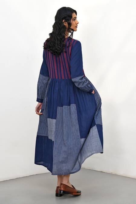 Shop Payal Pratap Blue Handloom Cotton Printed Striped Round Bario Patchwork Tiered Dress at Aza Fashions Shop_Payal Pratap_Blue Handloom Cotton Printed Striped Round Bario Patchwork Tiered Dress _at_Aza_Fashions