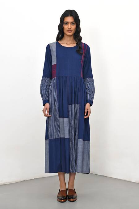 Payal Pratap Blue Handloom Cotton Printed Striped Round Bario Patchwork Tiered Dress Online at Aza Fashions Payal Pratap_Blue Handloom Cotton Printed Striped Round Bario Patchwork Tiered Dress _Online_at_Aza_Fashions