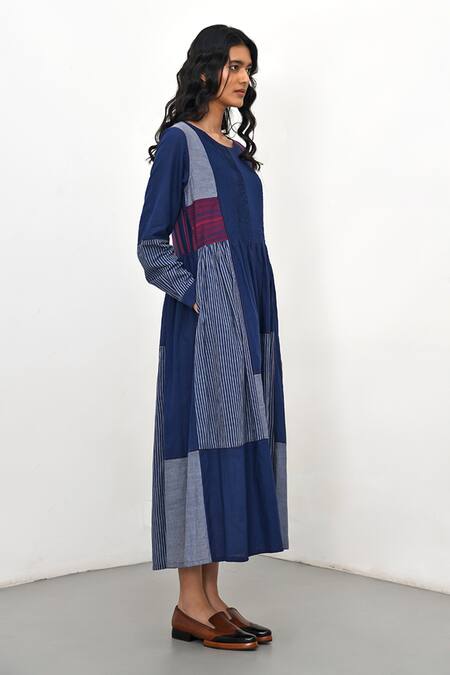 Buy Payal Pratap Blue Handloom Cotton Printed Striped Round Bario Patchwork Tiered Dress Online at Aza Fashions Buy_Payal Pratap_Blue Handloom Cotton Printed Striped Round Bario Patchwork Tiered Dress _Online_at_Aza_Fashions