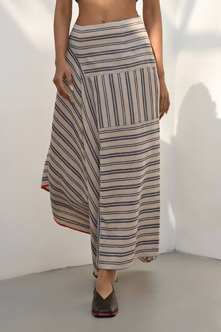 Payal Pratap Beige Handloom Linen Printed Striped Elia Asymmetric Skirt Online at Aza Fashions Payal Pratap_Beige Handloom Linen Printed Striped Elia Asymmetric Skirt _Online_at_Aza_Fashions