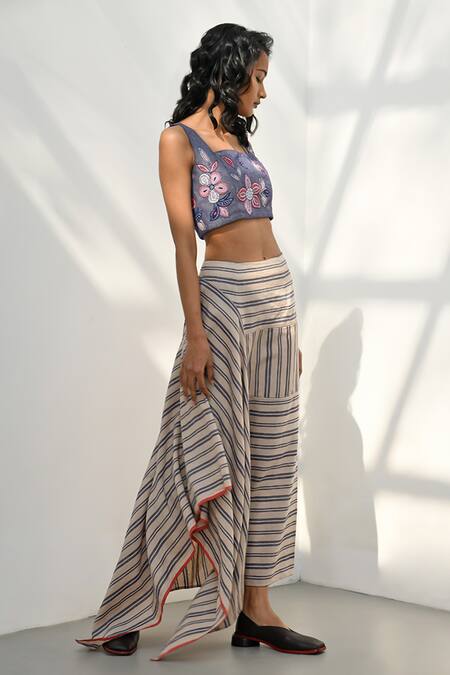 Payal Pratap Beige Handloom Linen Printed Striped Elia Asymmetric Skirt at Aza Fashions Payal Pratap_Beige Handloom Linen Printed Striped Elia Asymmetric Skirt _at_Aza_Fashions