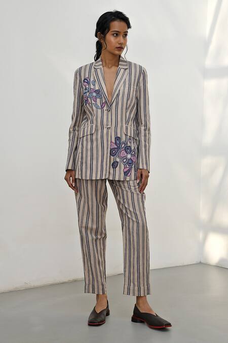 Payal Pratap_Beige Handloom Linen Printed Striped Lapel Collar Merbaka Jacket _Online_at_Aza_Fashions