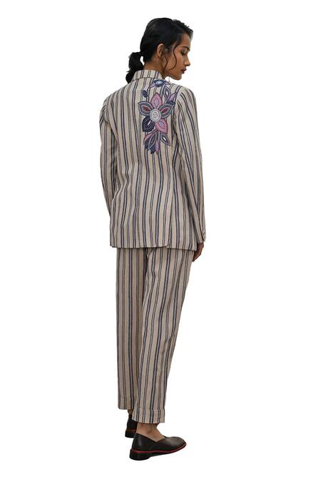 Shop_Payal Pratap_Beige Handloom Linen Printed Striped Lapel Collar Merbaka Jacket _Online_at_Aza_Fashions