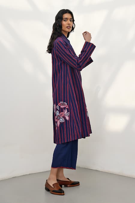 Payal Pratap Blue Handloom Linen Printed Striped Shawl Lapel Jacket Online at Aza Fashions Payal Pratap_Blue Handloom Linen Printed Striped Shawl Lapel Jacket _Online_at_Aza_Fashions