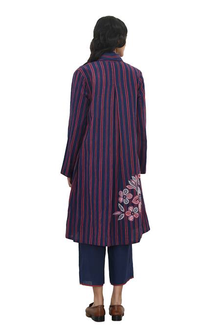 Shop Payal Pratap Blue Handloom Linen Printed Striped Shawl Lapel Jacket Online at Aza Fashions Shop_Payal Pratap_Blue Handloom Linen Printed Striped Shawl Lapel Jacket _Online_at_Aza_Fashions