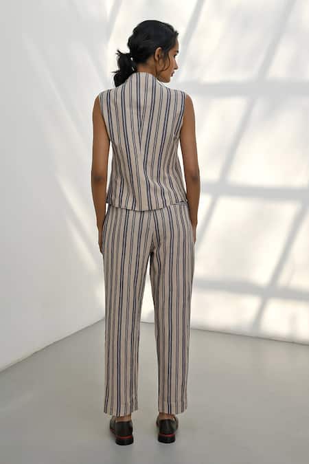 Shop Payal Pratap Beige Handloom Linen Printed Striped V Neck Elatos Gilet Waistcoat at Aza Fashions Shop_Payal Pratap_Beige Handloom Linen Printed Striped V Neck Elatos Gilet Waistcoat _at_Aza_Fashions