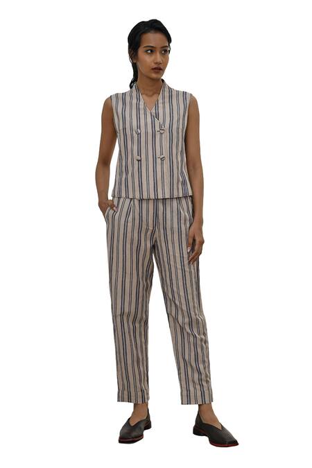 Payal Pratap Beige Handloom Linen Printed Striped V Neck Elatos Gilet Waistcoat Online at Aza Fashions Payal Pratap_Beige Handloom Linen Printed Striped V Neck Elatos Gilet Waistcoat _Online_at_Aza_Fashions