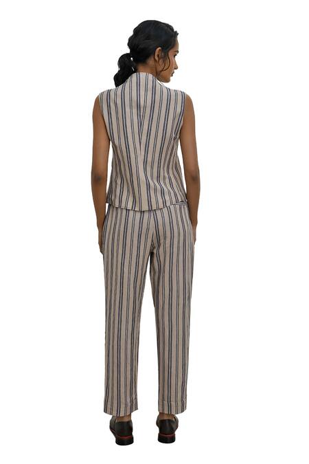 Shop Payal Pratap Beige Handloom Linen Printed Striped V Neck Elatos Gilet Waistcoat Online at Aza Fashions Shop_Payal Pratap_Beige Handloom Linen Printed Striped V Neck Elatos Gilet Waistcoat _Online_at_Aza_Fashions