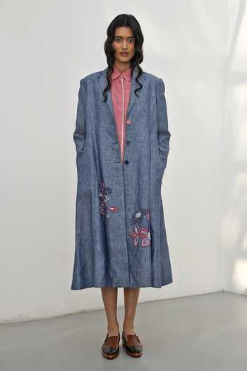 Buy Payal Pratap Blue Chambray Linen Applique Embroidered Floral Lapel Collar Claude Jacket at Aza Fashions Buy_Payal Pratap_Blue Chambray Linen Applique Embroidered Floral Lapel Collar Claude Jacket _at_Aza_Fashions