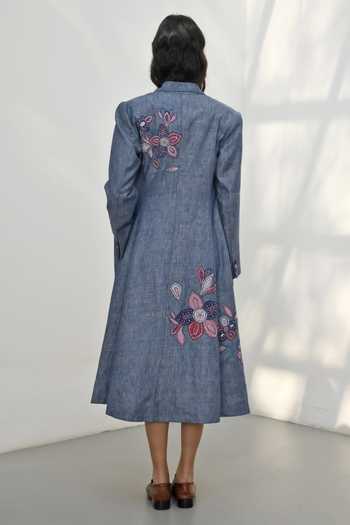 Shop Payal Pratap Blue Chambray Linen Applique Embroidered Floral Lapel Collar Claude Jacket at Aza Fashions Shop_Payal Pratap_Blue Chambray Linen Applique Embroidered Floral Lapel Collar Claude Jacket _at_Aza_Fashions