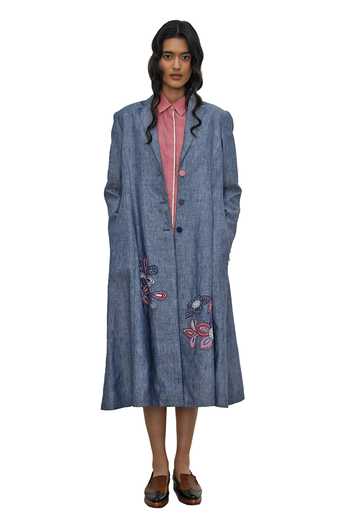 Payal Pratap Blue Chambray Linen Applique Embroidered Floral Lapel Collar Claude Jacket Online at Aza Fashions Payal Pratap_Blue Chambray Linen Applique Embroidered Floral Lapel Collar Claude Jacket _Online_at_Aza_Fashions