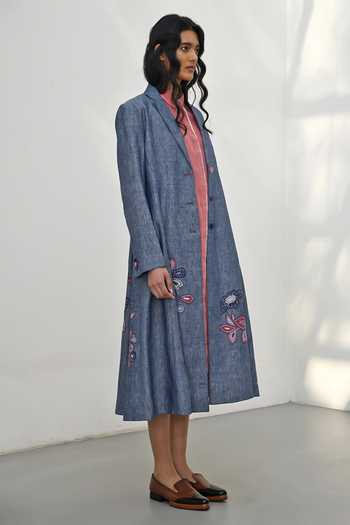 Buy Payal Pratap Blue Chambray Linen Applique Embroidered Floral Lapel Collar Claude Jacket Online at Aza Fashions Buy_Payal Pratap_Blue Chambray Linen Applique Embroidered Floral Lapel Collar Claude Jacket _Online_at_Aza_Fashions