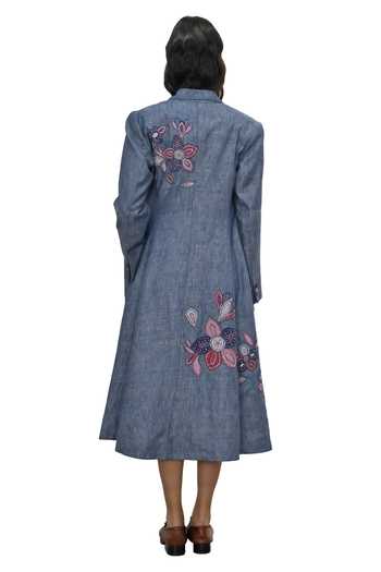 Shop Payal Pratap Blue Chambray Linen Applique Embroidered Floral Lapel Collar Claude Jacket Online at Aza Fashions Shop_Payal Pratap_Blue Chambray Linen Applique Embroidered Floral Lapel Collar Claude Jacket _Online_at_Aza_Fashions