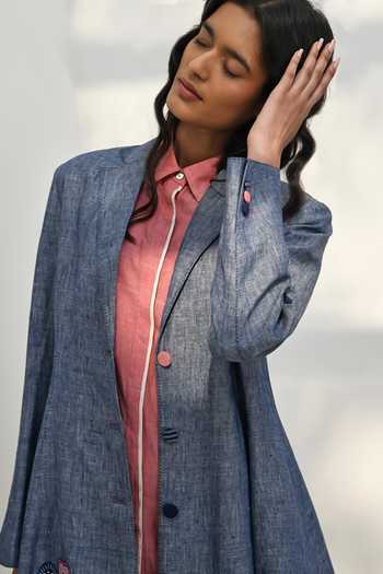 Payal Pratap Blue Chambray Linen Applique Embroidered Floral Lapel Collar Claude Jacket at Aza Fashions Payal Pratap_Blue Chambray Linen Applique Embroidered Floral Lapel Collar Claude Jacket _at_Aza_Fashions