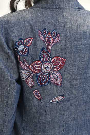Buy Payal Pratap Blue Chambray Linen Applique Embroidered Floral Lapel Collar Claude Jacket Buy_Payal Pratap_Blue Chambray Linen Applique Embroidered Floral Lapel Collar Claude Jacket