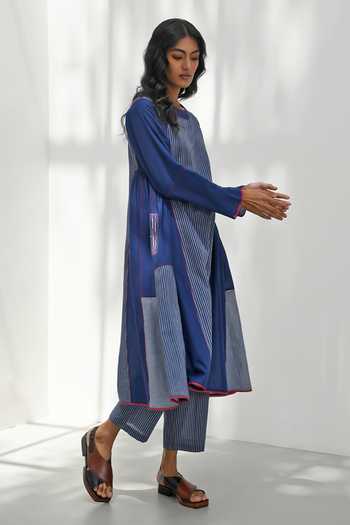 Payal Pratap Blue Handloom Cotton Printed Striped Round Athena Dress Online at Aza Fashions Payal Pratap_Blue Handloom Cotton Printed Striped Round Athena Dress _Online_at_Aza_Fashions