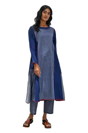 Payal Pratap Blue Handloom Cotton Printed Striped Round Athena Dress at Aza Fashions Payal Pratap_Blue Handloom Cotton Printed Striped Round Athena Dress _at_Aza_Fashions