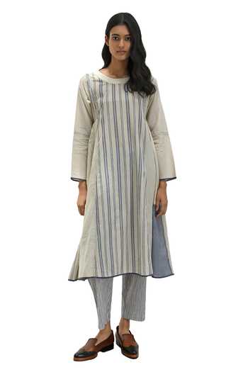 Payal Pratap_Beige Handloom Cotton Printed Striped Round Athena Pattern Dress _Online_at_Aza_Fashions