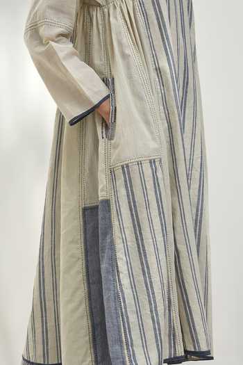 Payal Pratap_Beige Handloom Cotton Printed Striped Round Athena Pattern Dress _at_Aza_Fashions