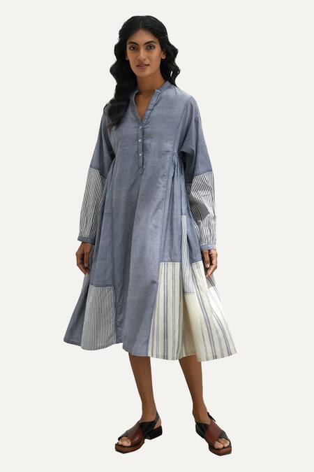Payal Pratap_Blue Chambray Cotton Printed Striped Band Collar Monza Patchwork Dress _Online_at_Aza_Fashions