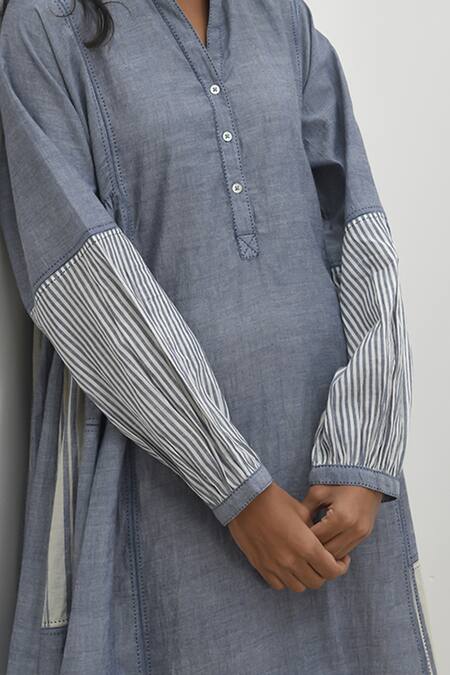 Buy_Payal Pratap_Blue Chambray Cotton Printed Striped Band Collar Monza Patchwork Dress _Online_at_Aza_Fashions