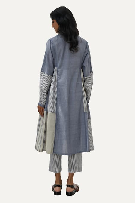 Payal Pratap_Blue Chambray Cotton Printed Striped Band Collar Monza Patchwork Dress _at_Aza_Fashions