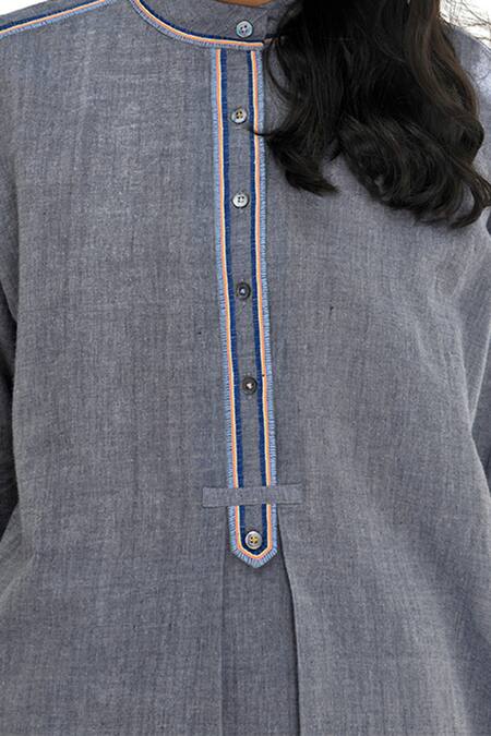 Buy_Payal Pratap_Chambrey Cotton Hand Embroidered Thread Assos Reverse Box Pleated Dress 