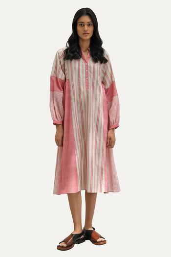Payal Pratap_Pink Handloom Cotton Printed Striped Band Collar Chloe Patchwork Dress _Online_at_Aza_Fashions
