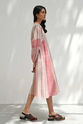 Buy_Payal Pratap_Pink Handloom Cotton Printed Striped Band Collar Chloe Patchwork Dress _Online_at_Aza_Fashions