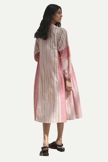 Shop_Payal Pratap_Pink Handloom Cotton Printed Striped Band Collar Chloe Patchwork Dress _Online_at_Aza_Fashions