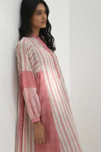 Payal Pratap_Pink Handloom Cotton Printed Striped Band Collar Chloe Patchwork Dress _at_Aza_Fashions