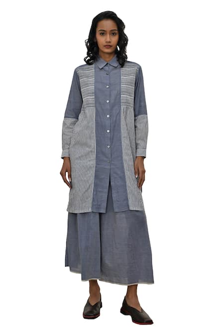 Payal Pratap Blue Chambray Cotton Printed Striped Collar Nymfaio Patchwork Dress Online at Aza Fashions Payal Pratap_Blue Chambray Cotton Printed Striped Collar Nymfaio Patchwork Dress _Online_at_Aza_Fashions