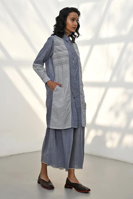 Buy Payal Pratap Blue Chambray Cotton Printed Striped Collar Nymfaio Patchwork Dress Online at Aza Fashions Buy_Payal Pratap_Blue Chambray Cotton Printed Striped Collar Nymfaio Patchwork Dress _Online_at_Aza_Fashions