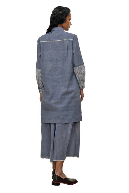 Shop Payal Pratap Blue Chambray Cotton Printed Striped Collar Nymfaio Patchwork Dress Online at Aza Fashions Shop_Payal Pratap_Blue Chambray Cotton Printed Striped Collar Nymfaio Patchwork Dress _Online_at_Aza_Fashions