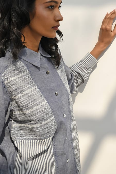 Payal Pratap Blue Chambray Cotton Printed Striped Collar Nymfaio Patchwork Dress at Aza Fashions Payal Pratap_Blue Chambray Cotton Printed Striped Collar Nymfaio Patchwork Dress _at_Aza_Fashions