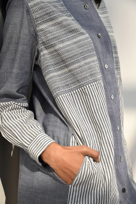 Buy Payal Pratap Blue Chambray Cotton Printed Striped Collar Nymfaio Patchwork Dress Buy_Payal Pratap_Blue Chambray Cotton Printed Striped Collar Nymfaio Patchwork Dress