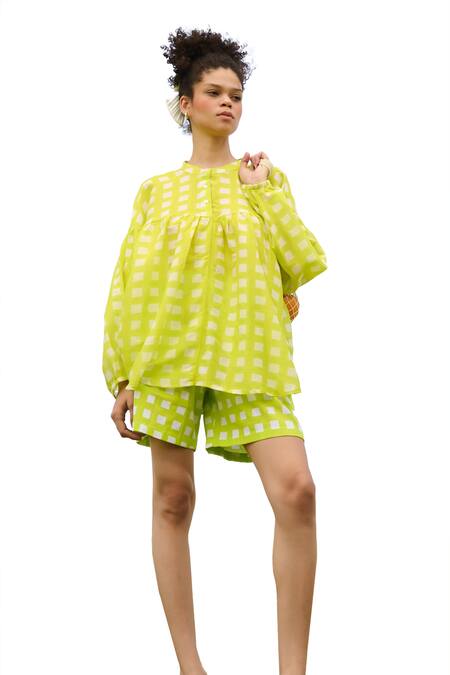 RAAS LIFE Green Top Cotton Silk Print Chequered Round Collar With Shorts at Aza Fashions RAAS LIFE_Green Top Cotton Silk Print Chequered Round Collar With Shorts _at_Aza_Fashions